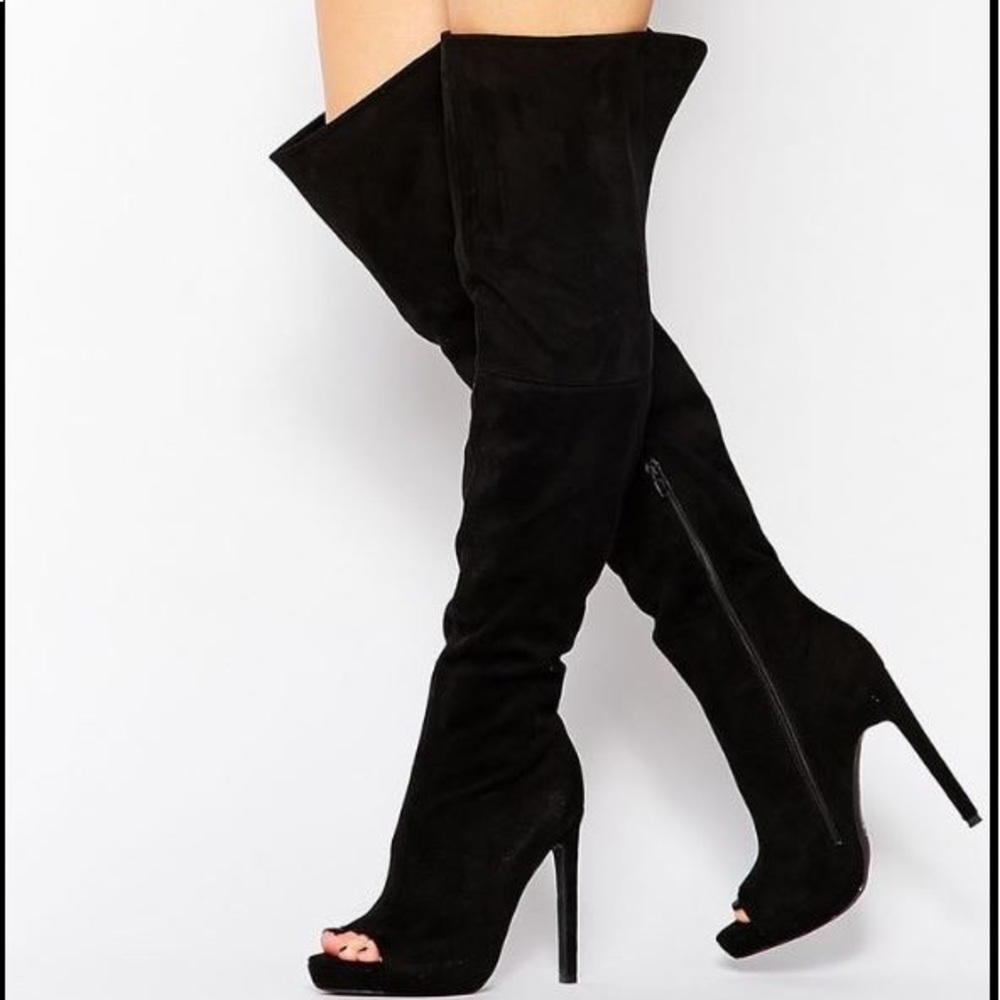 Missguided thigh high peep toe suede boots